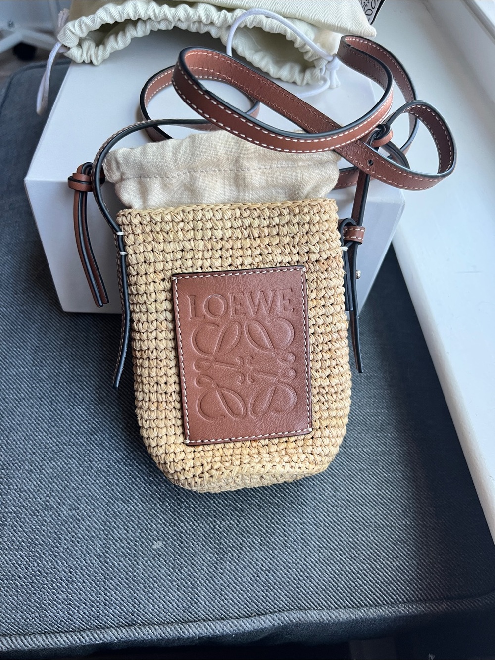 Loewe Natural Raffia Crossbody with Tan Leather Logo Patch
